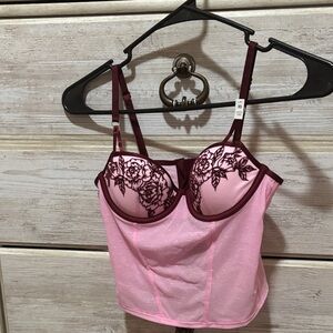 Victoria's Secret Pink Longline Bustier with Burgundy Floral Trim
